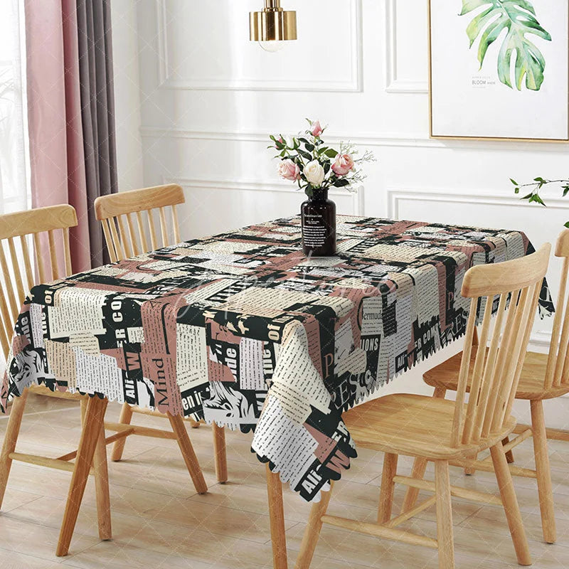 Aperturee - Aperturee Pink and Black Newspaper Rectangle Tablecloth Retro Collage Text Print Fashion Style Kitchen Dining Decor