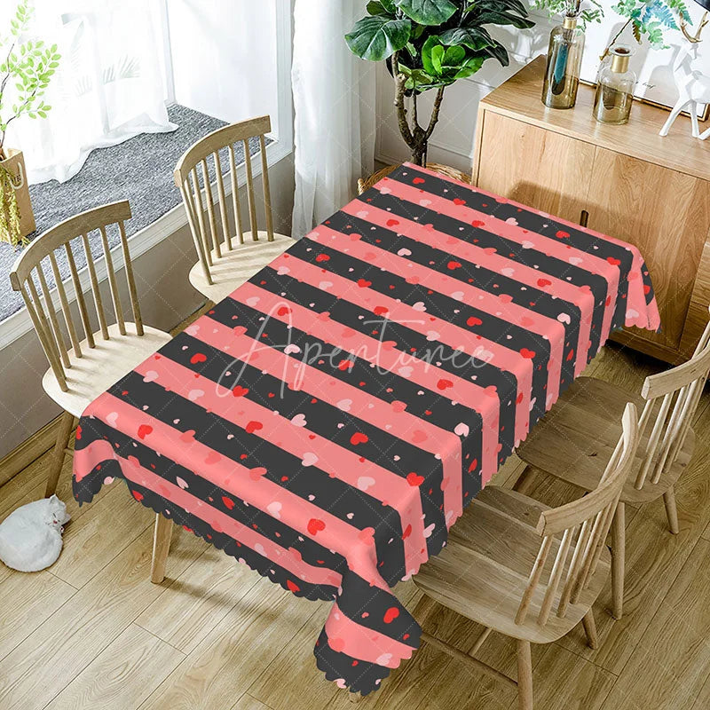 Aperturee - Aperturee Pink and Black Stripe Heart Rectangle Tablecloth Bold Horizontal Lines Pattern Modern Romantic Kitchen Dining Decor