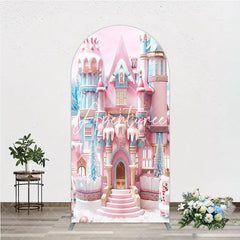 Aperturee - Aperturee Pink and Blue Candy Castle Winter Wonderland Round Top Arch Backdrop Fairytale Birthday Party Decor