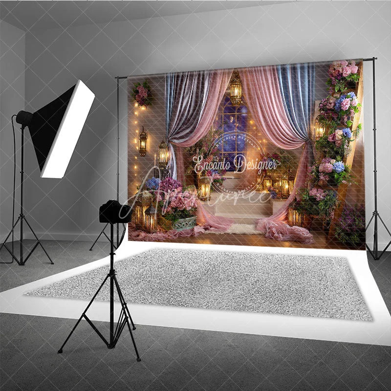 Aperturee - Aperturee Pink and Blue Drapes Enchanted Photography Backdrop Romantic Lanterns and Floral Arrangements for Baby Shower