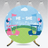 Aperturee - Aperturee Pink and Blue Golf Theme Gender Reveal Round Backdrop Featuring He or She What Will Baby Be for Baby Shower Party