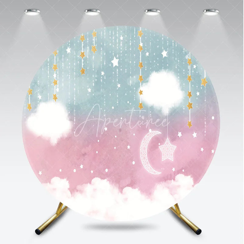 Aperturee - Aperturee Pink and Blue Moon and Stars Round Backdrop Gender Reveal Watercolor Sky Clouds Party Cover