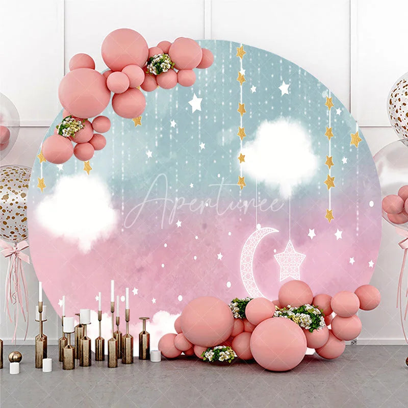 Aperturee - Aperturee Pink and Blue Moon and Stars Round Backdrop Gender Reveal Watercolor Sky Clouds Party Cover