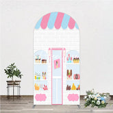 Aperturee - Aperturee Pink and Blue Striped Awning Candy Shop Round Top Arch Backdrop Sweet Dessert Storefront for Birthday Party