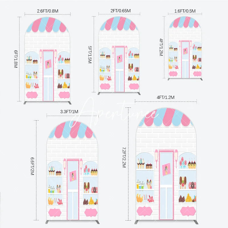 Aperturee - Aperturee Pink and Blue Striped Awning Candy Shop Round Top Arch Backdrop Sweet Dessert Storefront for Birthday Party