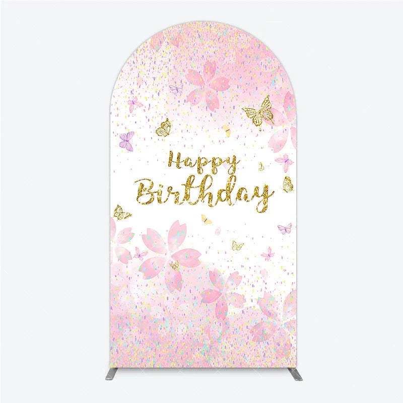 Aperturee - Aperturee Pink and Gold Glitter Happy Birthday Round Top Arch Backdrop with Cherry Blossoms and Butterflies Elegant Party Decor