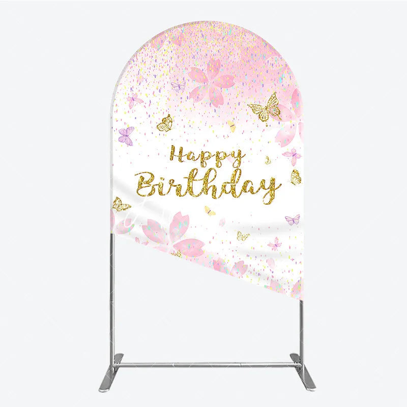 Aperturee - Aperturee Pink and Gold Glitter Happy Birthday Round Top Arch Backdrop with Cherry Blossoms and Butterflies Elegant Party Decor