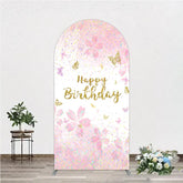 Aperturee - Aperturee Pink and Gold Glitter Happy Birthday Round Top Arch Backdrop with Cherry Blossoms and Butterflies Elegant Party Decor