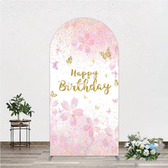 Aperturee - Aperturee Pink and Gold Glitter Happy Birthday Round Top Arch Backdrop with Cherry Blossoms and Butterflies Elegant Party Decor