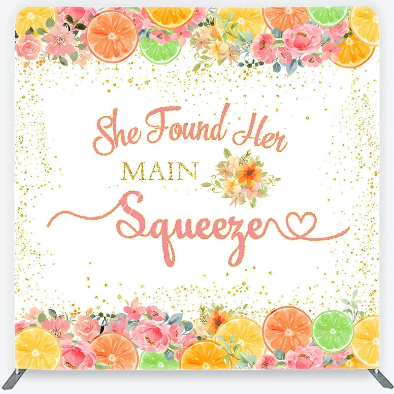Aperturee - Aperturee Pink and Gold Glitter She Found Her Main Squeezer Square Double-Sided Backdrop Citrus Floral Bridal Shower Decor