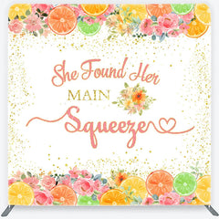 Aperturee - Aperturee Pink and Gold Glitter She Found Her Main Squeezer Square Double-Sided Backdrop Citrus Floral Bridal Shower Decor