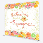 Aperturee - Aperturee Pink and Gold Glitter She Found Her Main Squeezer Square Double-Sided Backdrop Citrus Floral Bridal Shower Decor