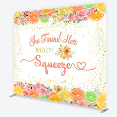 Aperturee - Aperturee Pink and Gold Glitter She Found Her Main Squeezer Square Double-Sided Backdrop Citrus Floral Bridal Shower Decor