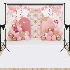 Aperturee - Aperturee Pink and Gold Princess Crown Combo Set Backdrop with Arches and Balloon Garlands perfect for Birthday Party Decor