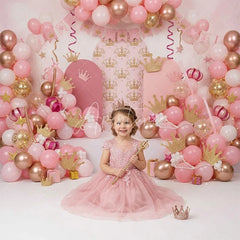 Aperturee - Aperturee Pink and Gold Princess Crown Combo Set Backdrop with Arches and Balloon Garlands perfect for Birthday Party Decor