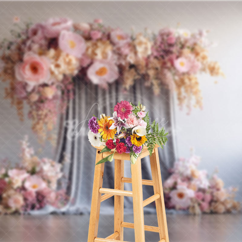 Aperturee - Aperturee Pink and Peach Floral Wall Photography Backdrop Elegant Flower Decor for Wedding Modern Photo Booth Background