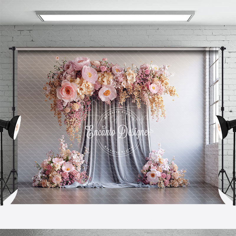 Aperturee - Aperturee Pink and Peach Floral Wall Photography Backdrop Elegant Flower Decor for Wedding Modern Photo Booth Background