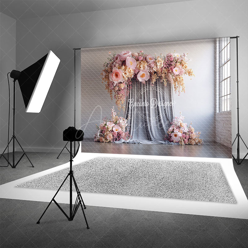 Aperturee - Aperturee Pink and Peach Floral Wall Photography Backdrop Elegant Flower Decor for Wedding Modern Photo Booth Background