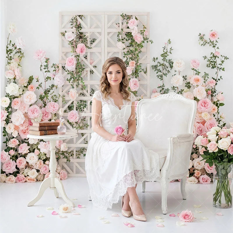 Aperturee - Aperturee Pink and Peach Roses White Trellis Floral Combo Set Backdrop Romantic Wedding Bridal Shower Decor