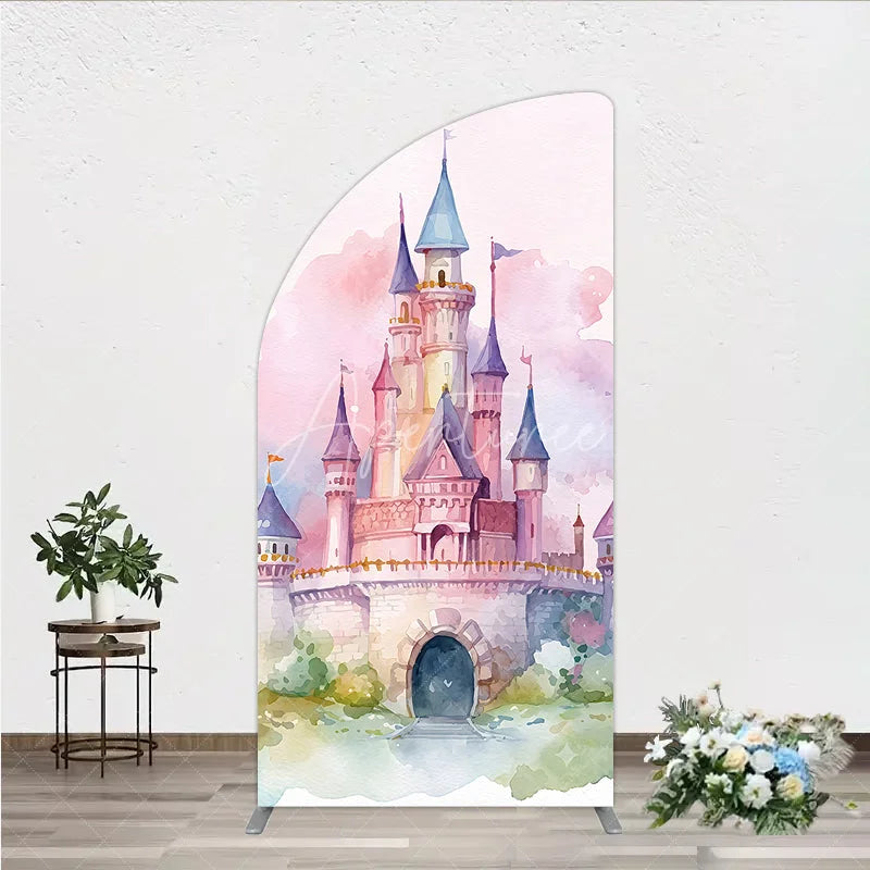 Aperturee - Aperturee Pink and Purple Watercolor Fairytale Castle Half Moon Arch Backdrop Dreamy Princess Birthday Party Decor.