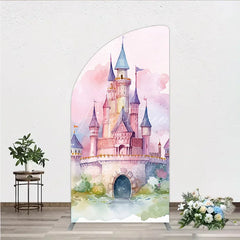 Aperturee - Aperturee Pink and Purple Watercolor Fairytale Castle Half Moon Arch Backdrop Dreamy Princess Birthday Party Decor.