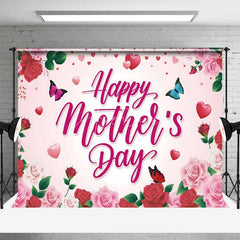 Aperturee - Aperturee Pink and Red Roses Happy Mothers Day Backdrop Floral Butterflies and Hearts Party Background Sweet Love Celebration