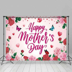 Aperturee - Aperturee Pink and Red Roses Happy Mothers Day Backdrop Floral Butterflies and Hearts Party Background Sweet Love Celebration