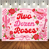 Aperturee - Aperturee Pink and Red Two Dozen Roses Western Birthday Backdrop with Cowboy Hat Boots and Disco Ball Girly Party Decor.