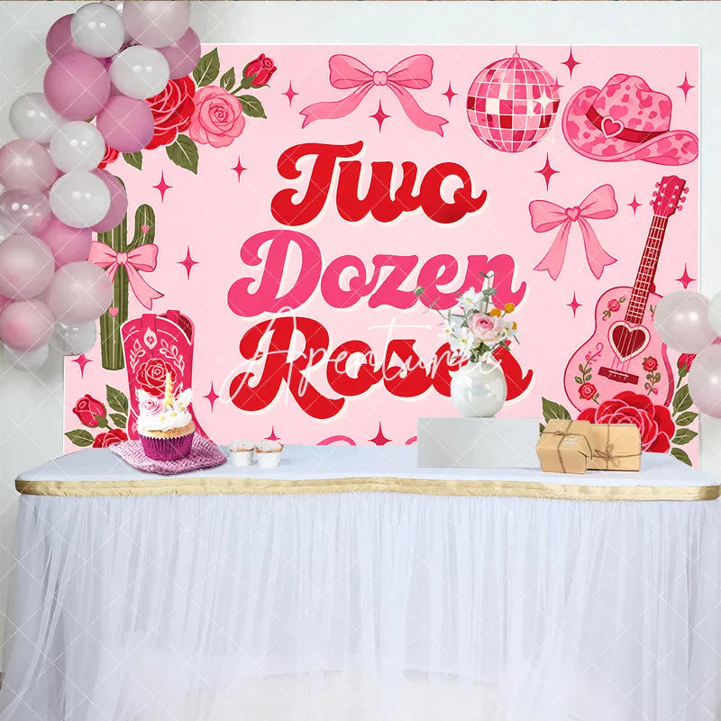 Aperturee - Aperturee Pink and Red Two Dozen Roses Western Groovy Birthday Backdrop Cowboy Boot Guitar Disco Ball Decor