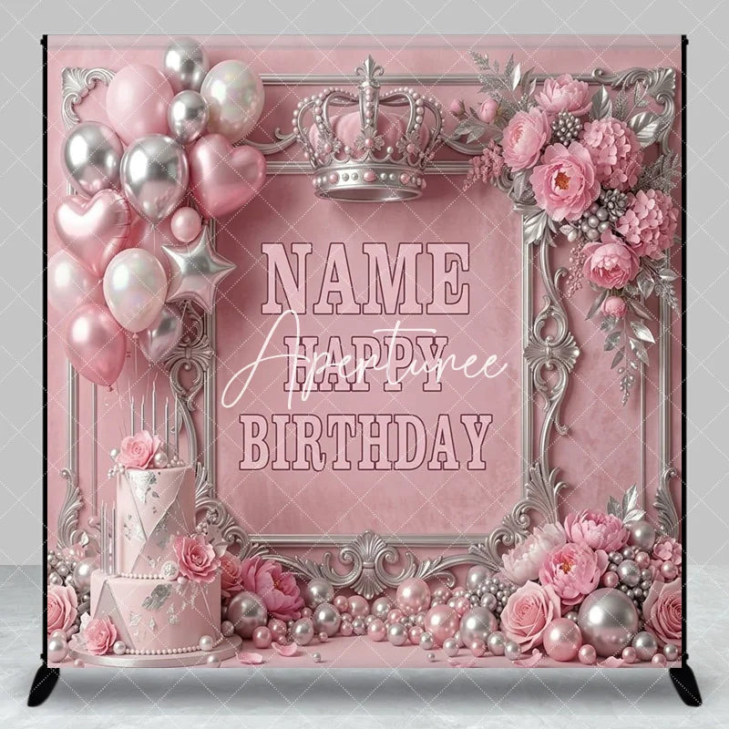 Aperturee - Aperturee Pink and Silver Princess Crown Custom Birthday Backdrop with Balloons and Cake Elegant Party Decor