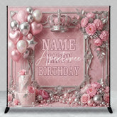 Aperturee - Aperturee Pink and Silver Princess Crown Custom Birthday Backdrop with Balloons and Cake Elegant Party Decor