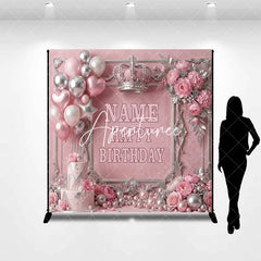 Aperturee - Aperturee Pink and Silver Princess Crown Custom Birthday Backdrop with Balloons and Cake Elegant Party Decor