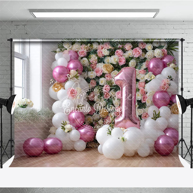 Aperturee - Aperturee Pink and White Balloon Floral Photography Backdrop First Birthday Party Decoration for Baby Girl