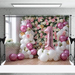 Aperturee - Aperturee Pink and White Balloon Floral Photography Backdrop First Birthday Party Decoration for Baby Girl
