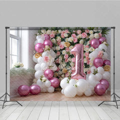 Aperturee - Aperturee Pink and White Balloon Floral Photography Backdrop First Birthday Party Decoration for Baby Girl