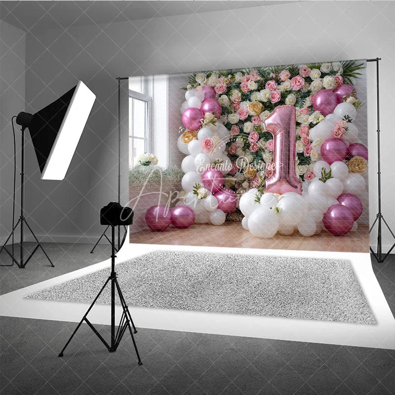 Aperturee - Aperturee Pink and White Balloon Floral Photography Backdrop First Birthday Party Decoration for Baby Girl