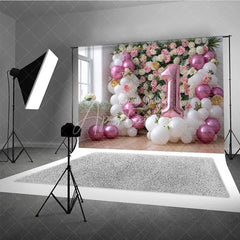 Aperturee - Aperturee Pink and White Balloon Floral Photography Backdrop First Birthday Party Decoration for Baby Girl