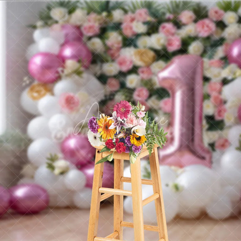 Aperturee - Aperturee Pink and White Balloon Floral Photography Backdrop First Birthday Party Decoration for Baby Girl