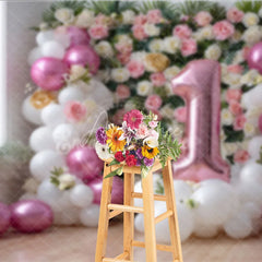 Aperturee - Aperturee Pink and White Balloon Floral Photography Backdrop First Birthday Party Decoration for Baby Girl