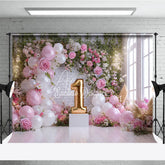 Aperturee - Aperturee Pink and White Balloons Floral Arch First Birthday Photography Backdrop Golden Number One Window Light