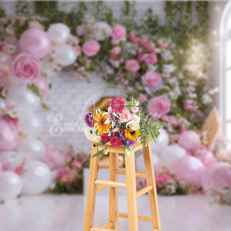 Aperturee - Aperturee Pink and White Balloons Floral Arch First Birthday Photography Backdrop Golden Number One Window Light