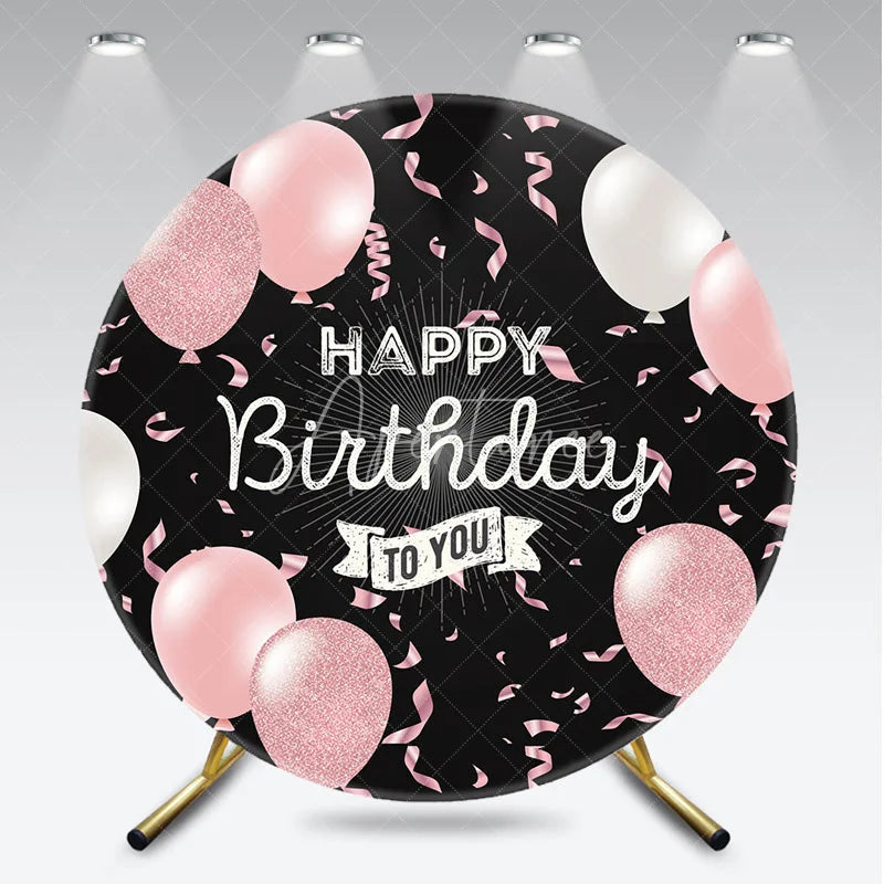 Aperturee - Aperturee Pink and White Balloons Round Backdrop Happy Birthday to You Black Background Elegant Girls Birthday Party Decor
