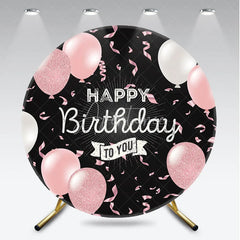 Aperturee - Aperturee Pink and White Balloons Round Backdrop Happy Birthday to You Black Background Elegant Girls Birthday Party Decor