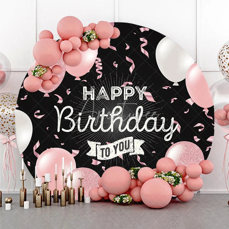 Aperturee - Aperturee Pink and White Balloons Round Backdrop Happy Birthday to You Black Background Elegant Girls Birthday Party Decor