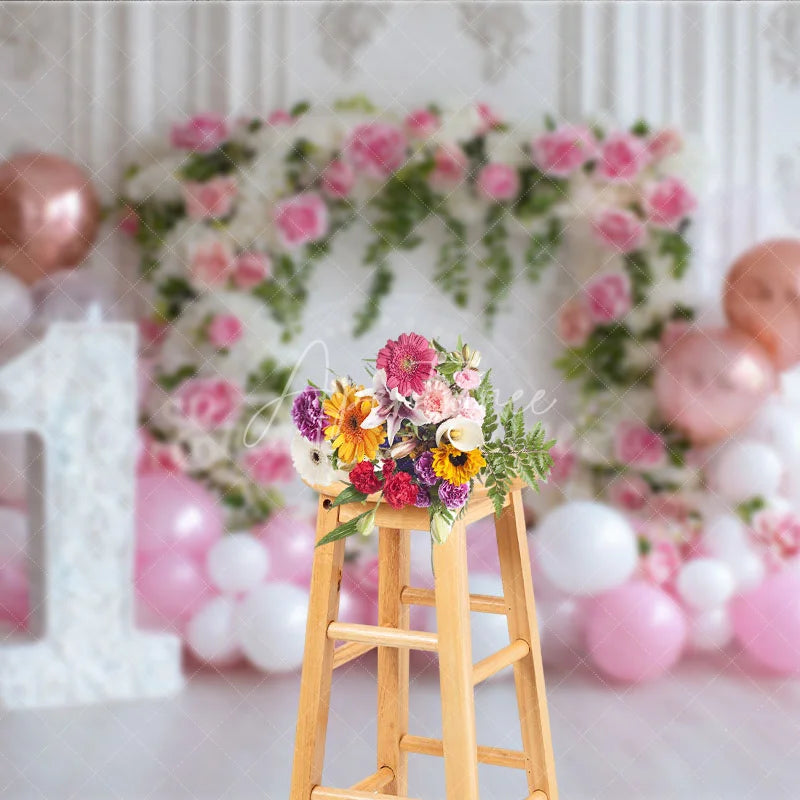 Aperturee - Aperturee Pink and White Floral Arch 1st Birthday Photography Backdrop Rose Gold Balloons Baby Girl Party Decor