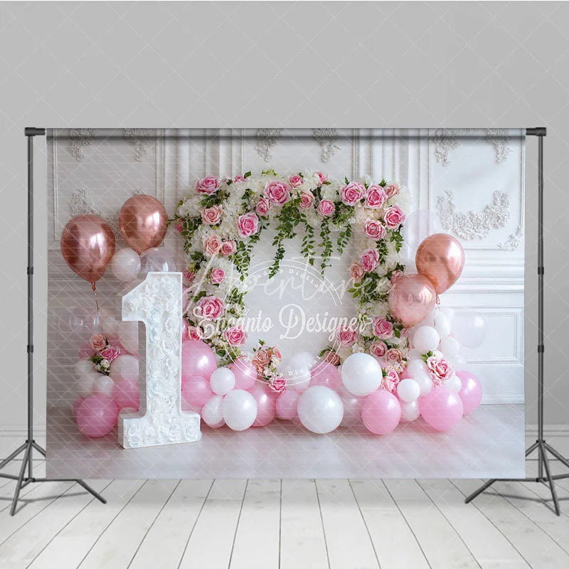 Aperturee - Aperturee Pink and White Floral Arch 1st Birthday Photography Backdrop Rose Gold Balloons Baby Girl Party Decor