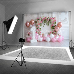 Aperturee - Aperturee Pink and White Floral Arch 1st Birthday Photography Backdrop Rose Gold Balloons Baby Girl Party Decor
