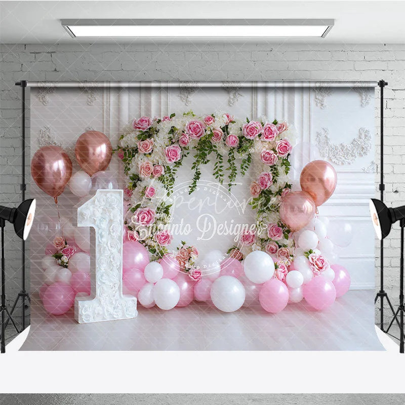 Aperturee - Aperturee Pink and White Floral Arch 1st Birthday Photography Backdrop Rose Gold Balloons Baby Girl Party Decor