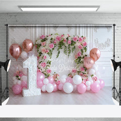 Aperturee - Aperturee Pink and White Floral Arch 1st Birthday Photography Backdrop Rose Gold Balloons Baby Girl Party Decor