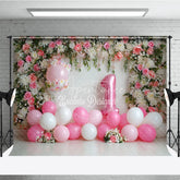 Aperturee - Aperturee Pink and White Floral Arch Photography Backdrop with Number One Balloon First Birthday Party Decor